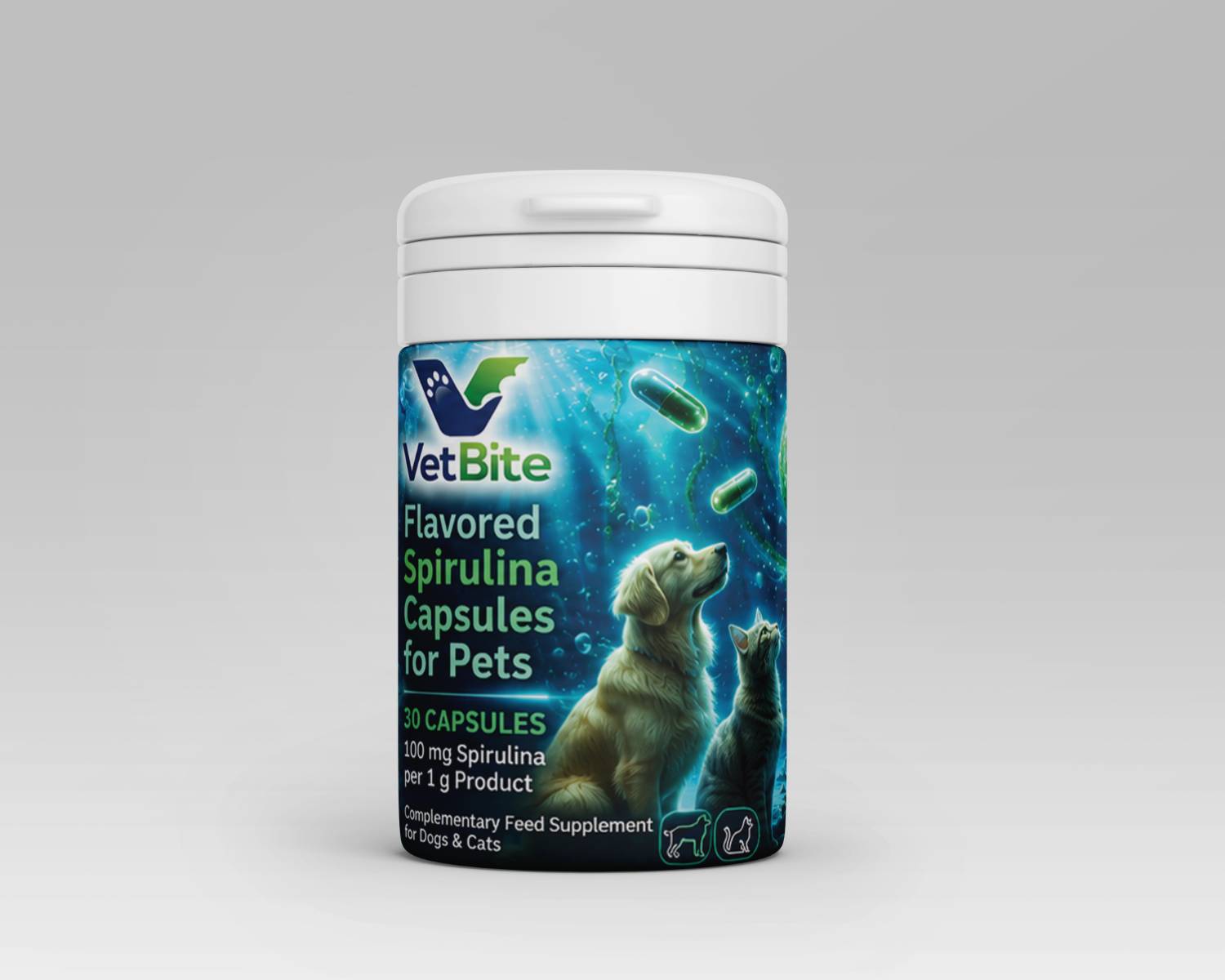 کپسول اسپیرولینا طعم‌دار وت‌بایت ویژه سگ و گربه (30عددی) (Flavored Spirulina Capsules for Pets)